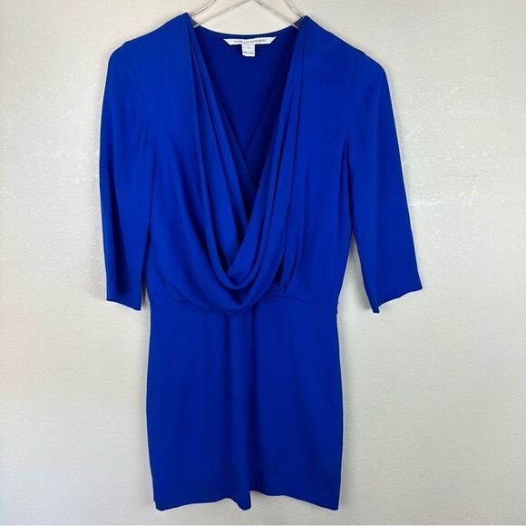 Diane Von Furstenberg Size 2 Blue Silk Drape Mini Cocktail Dress - Picture 1 of 9